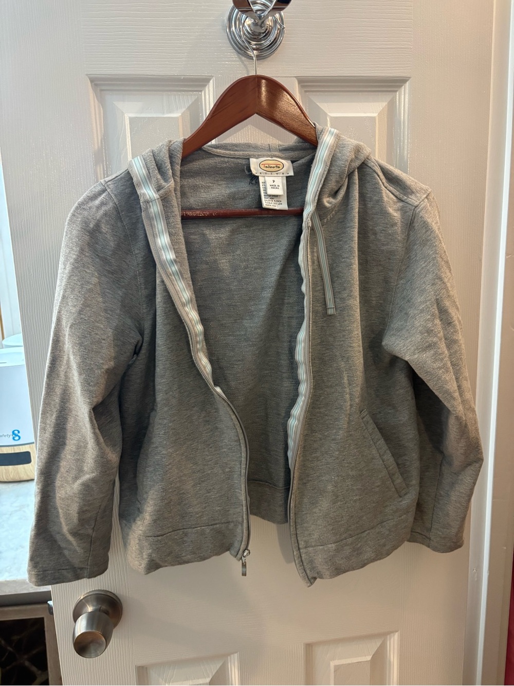 Talbots Petite Small Gray Full Zip Hoodie Jacket Striped Trim